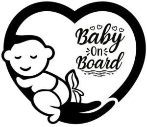 Samolepka srdce ve kterém leží a spí miminko a vedle je nápis Baby on board