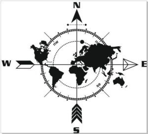 Samolepka mapa světa a přes je kompas se světovými stranami