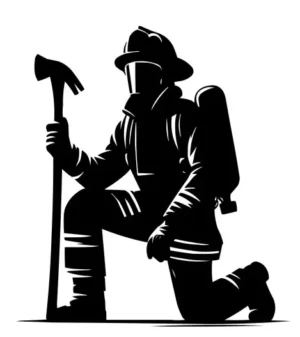 Samolepka klečící hasič se sekerou v ruce.